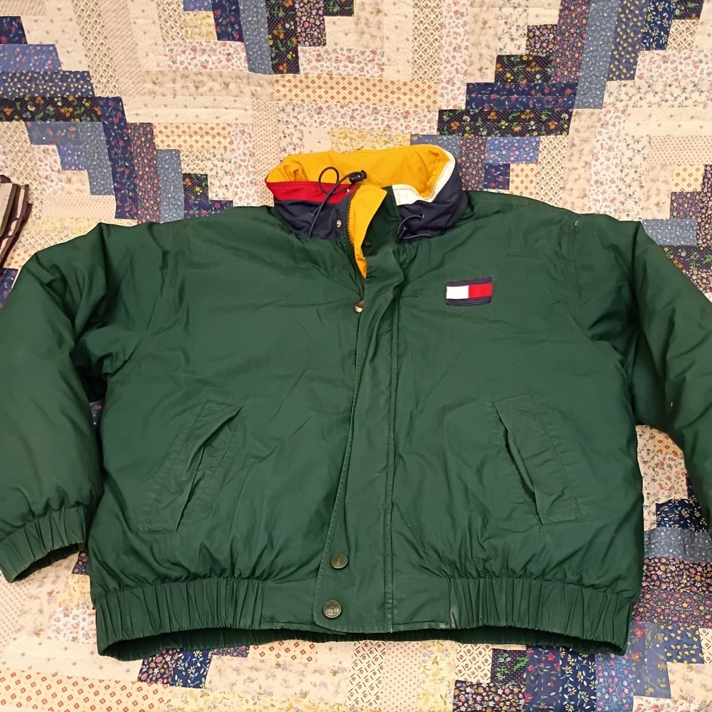 Vintage Tommy Hilfiger Down Puffer Jacket Size XL Green Green With Packable Hood